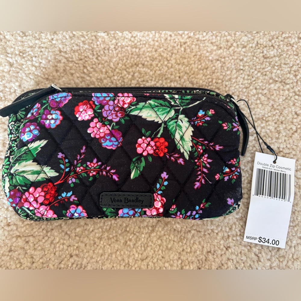 NWT NEW Vera Bradley Iconic Double Zip Cosmetic Bag Winter Berry Pattern RETIRED